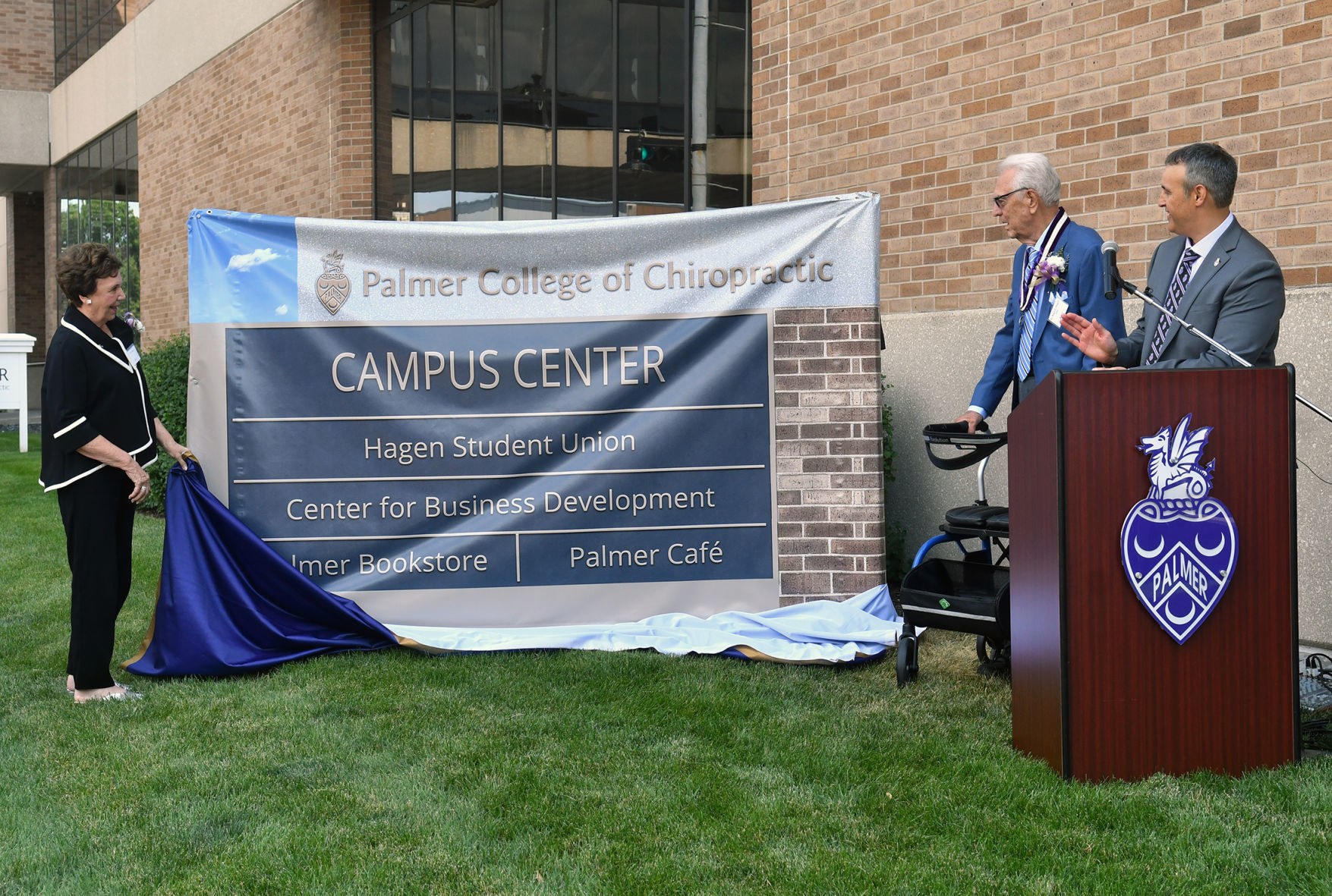Dedication ceremony naming Palmer College student union the Bruce and Bethel Hagen Student Union.